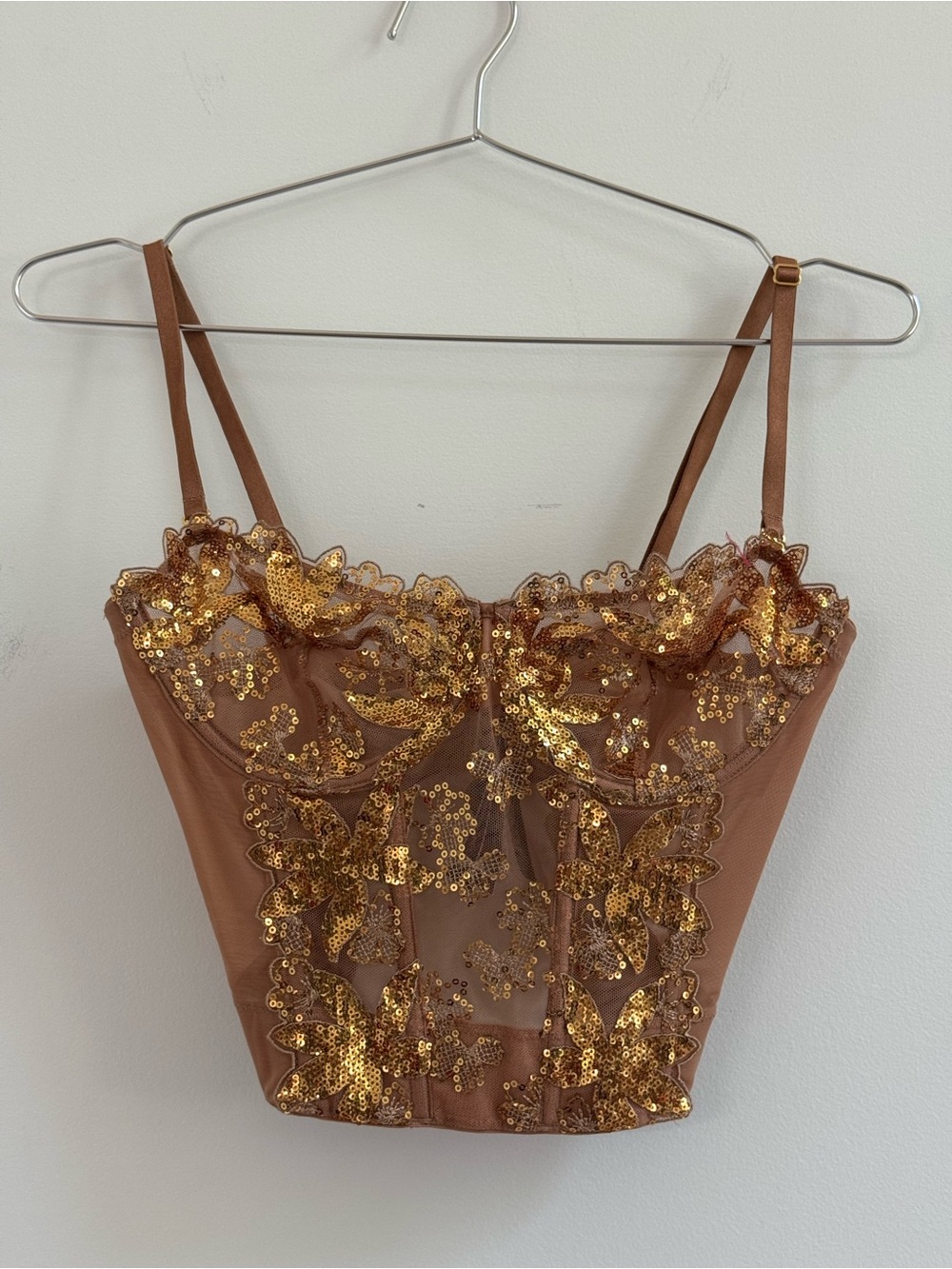 Victoria's Secret Brown Bustier with Gold Sequin Floral Embroidery
